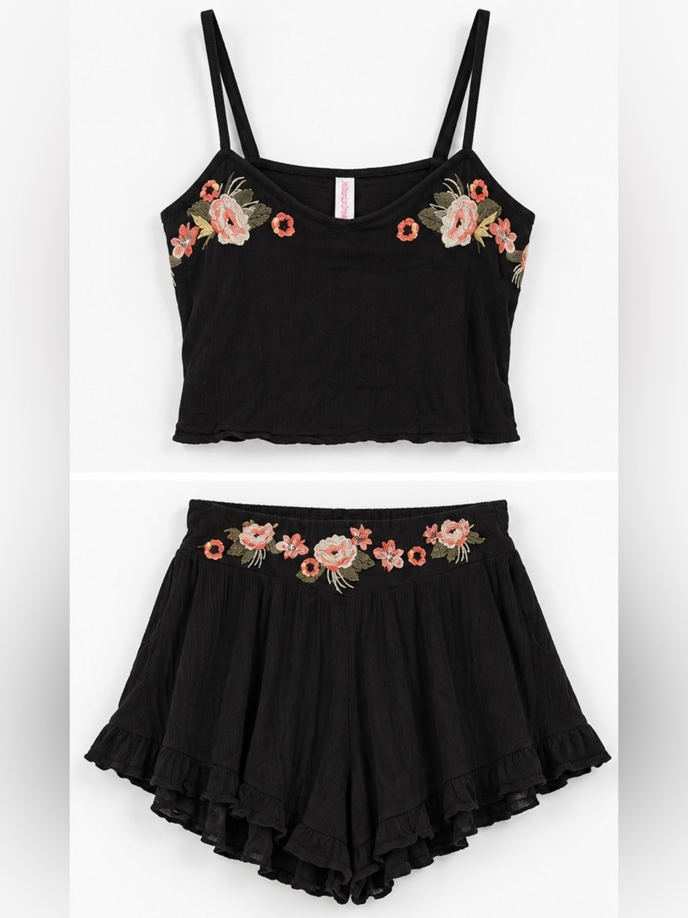 Xhilaration Black Floral Embroidered Cami & Ruffle Shorts Set L NWOT
